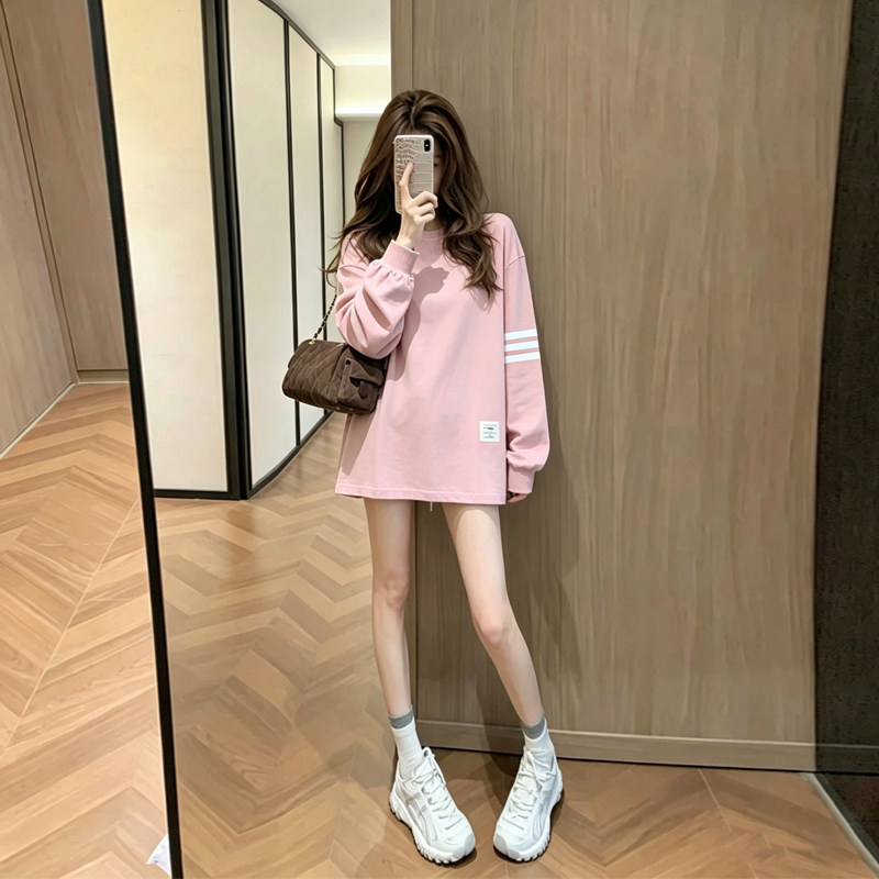 粉色印花宽松纯棉长袖T恤女