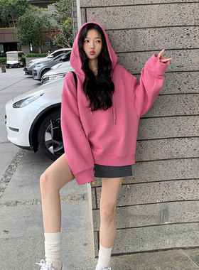 网红粉色连帽卫衣女款2026新款减龄宽松春秋薄款设计感小众外套潮