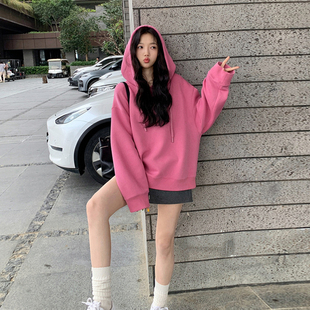 网红粉色连帽卫衣女款2026新款减龄宽松春秋薄款设计感小众外套潮
