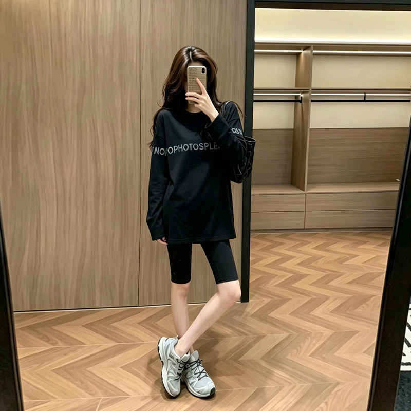 网红黑色纯棉慵懒风女T恤新款