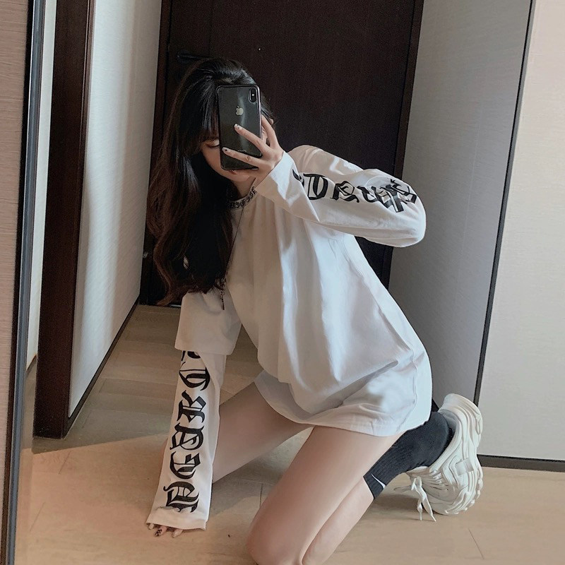 高街字母防晒长袖宽松T恤女