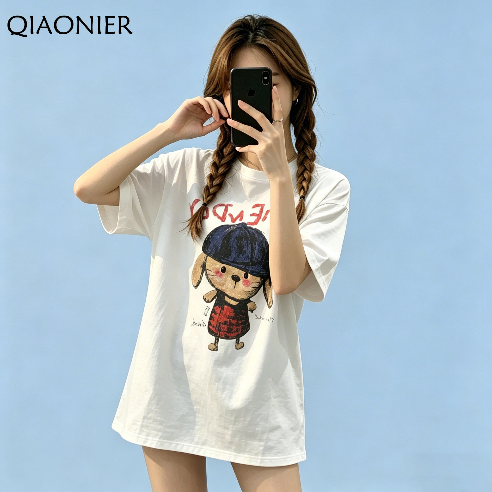 甜酷少女短袖t恤女夏季新款卡通印花中长款慵懒气质欧货半袖上衣