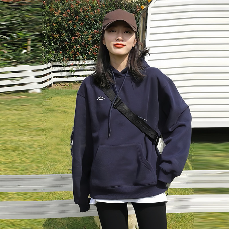 潮牌减龄藏蓝色春秋薄款连帽bf慵懒风卫衣女宽松小众加绒加厚外套