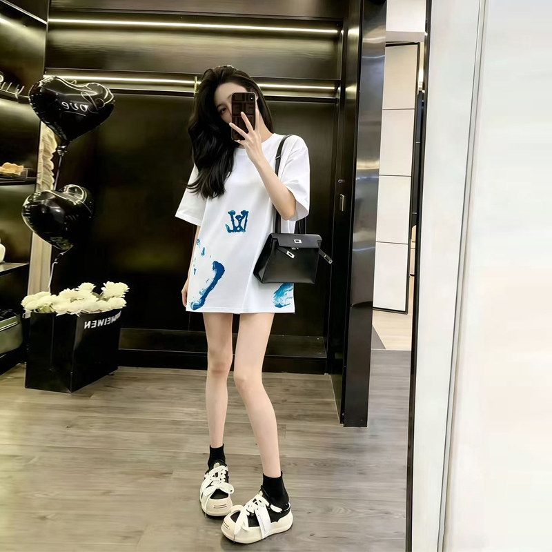 白色短袖t恤女宽松中长款慵懒风