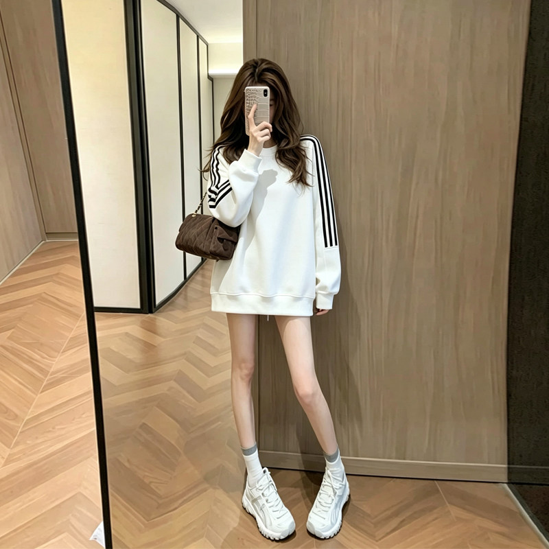 韩版慵懒条纹拼接宽松卫衣女