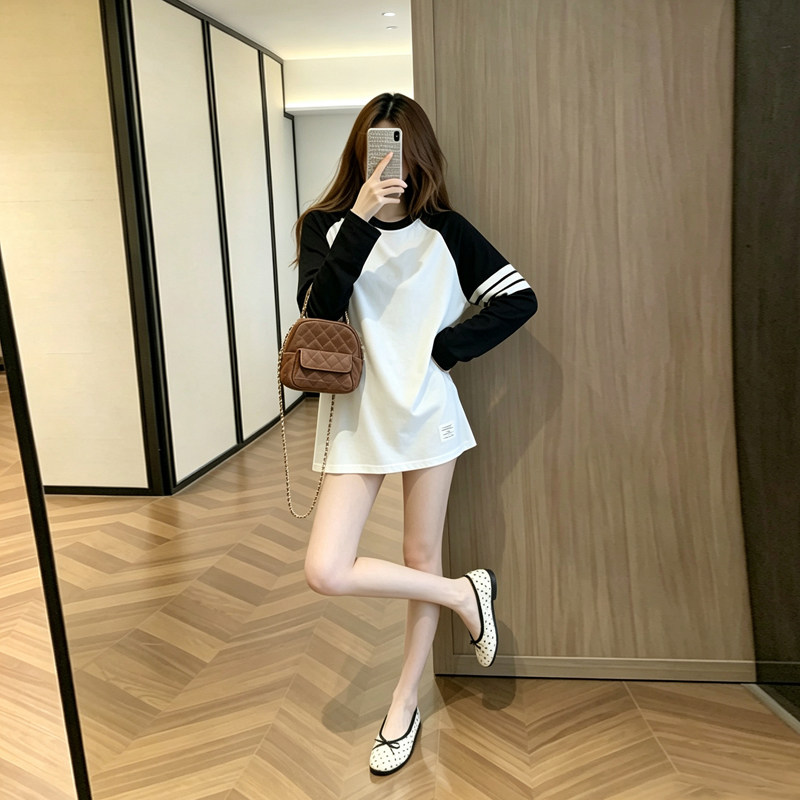 网红白色条纹长袖T恤女宽松中长款纯棉休闲慵懒设计感小众打底衫