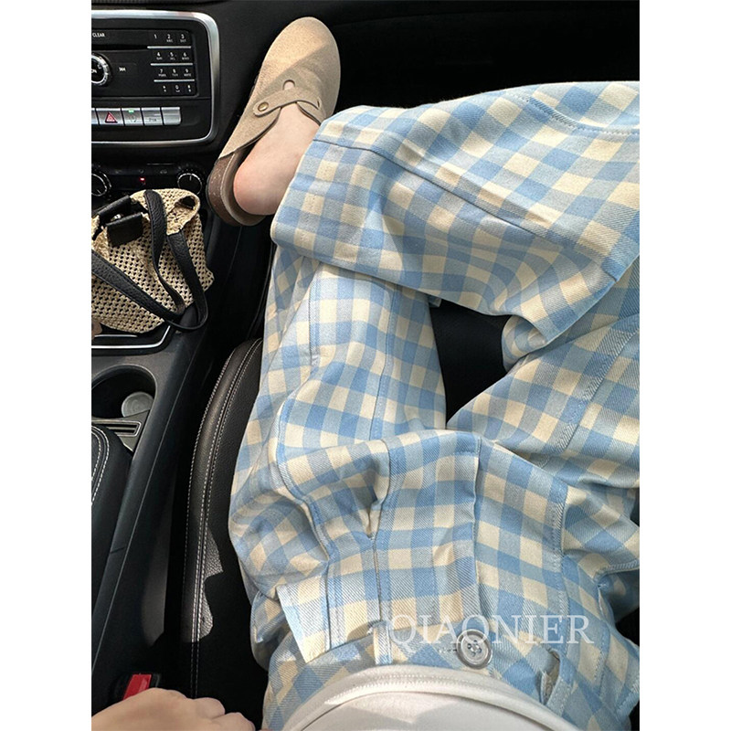 QIAONIER】慵懒风格子小个子高腰休闲宽松亚麻阔腿长裤女夏季薄款