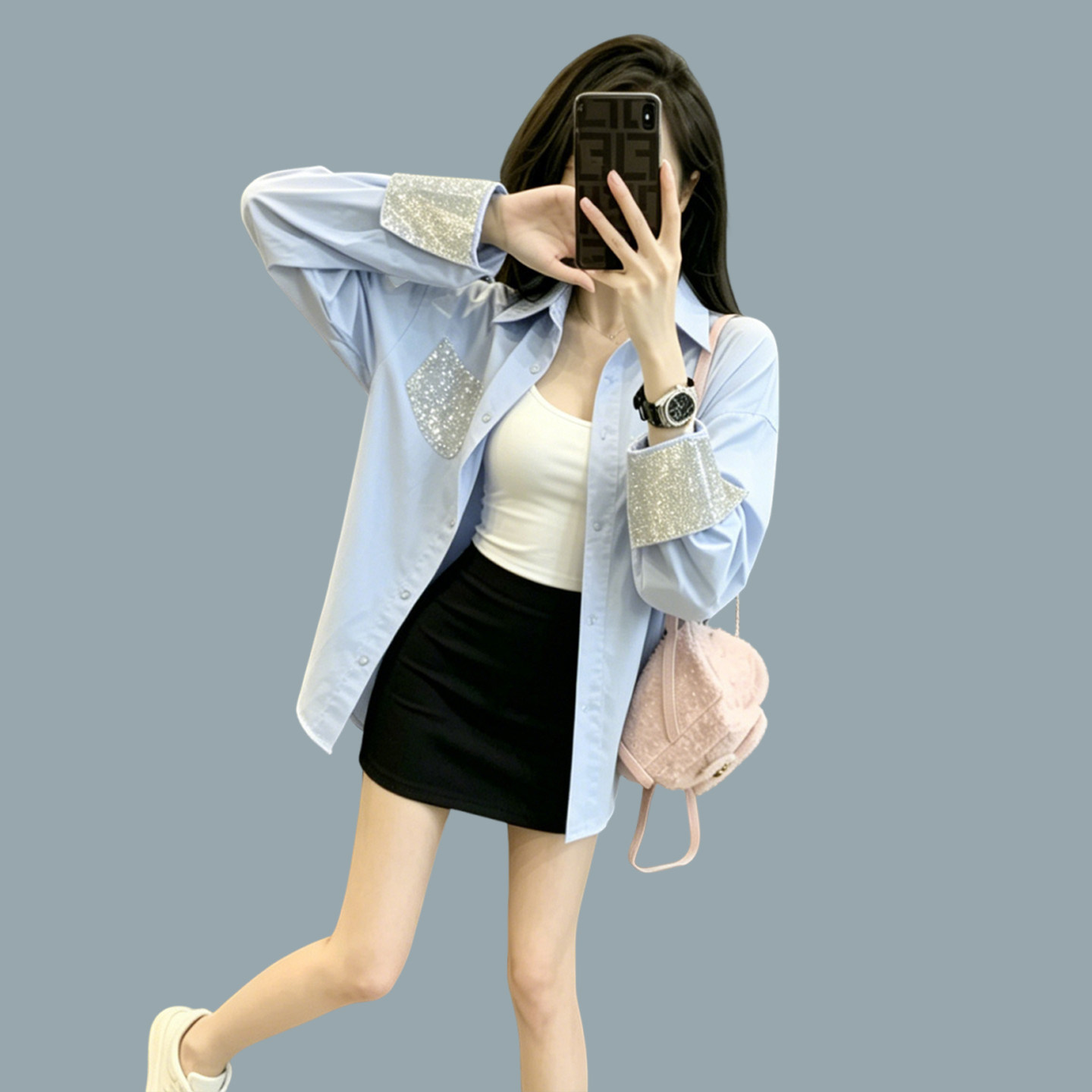 蓝色衬衫女款2026新款轻奢高级感巨好看洋气法式烫钻薄款防晒衬衣