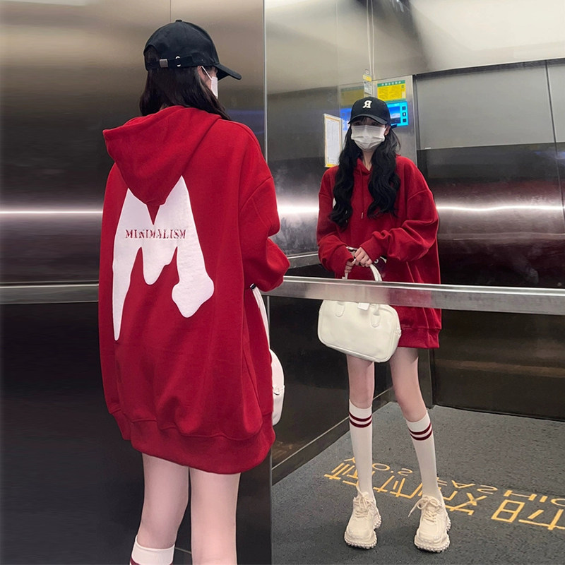 2025秋季新款美式红色卫衣女薄款连帽外套慵懒风情侣装时尚上衣潮