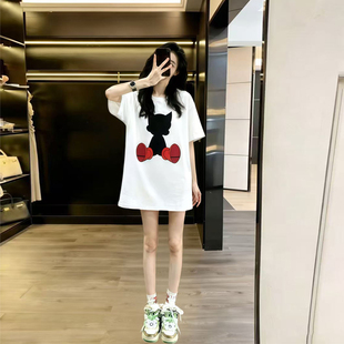 网红白色短袖T恤女夏季卡通印花宽松中长款纯棉慵懒风设计感上衣