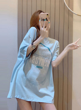 休闲蓝色印花宽松中长显瘦T恤女