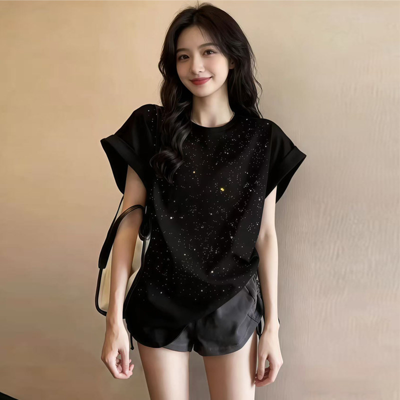 黑色短袖T恤女2026夏季新款韩系高级感气质小个子欧货烫钻上衣潮