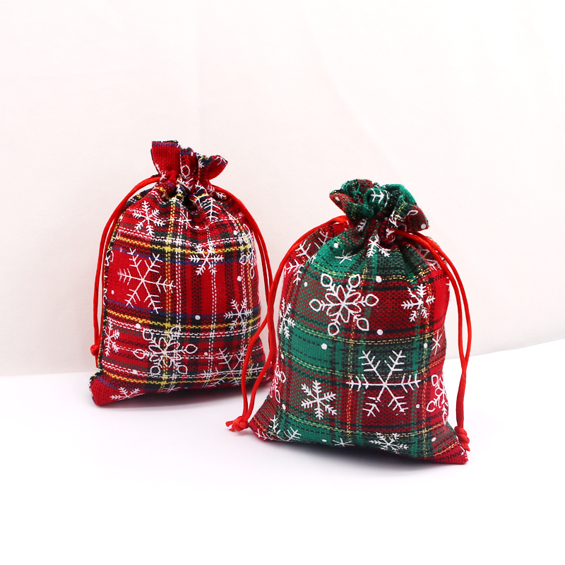 包邮20个圣诞印雪花格子棉布袋首饰礼品束口包装袋糖果抽绳收纳袋