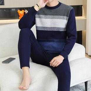 冬季青年男士加绒加厚保暖内衣套装套头圆领秋衣秋裤棉毛衫两件套