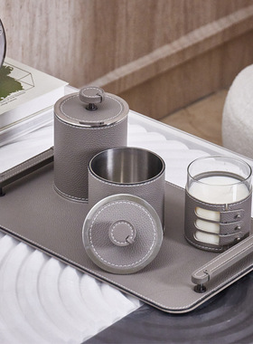 现代简约皮革金属托盘储物罐香薰组合摆件客厅餐厅样板间酒店装饰