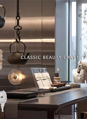 样板间茶室软装饰品售楼处茶台桌面摆件铁壶茶席茶杯茶盘白马装饰