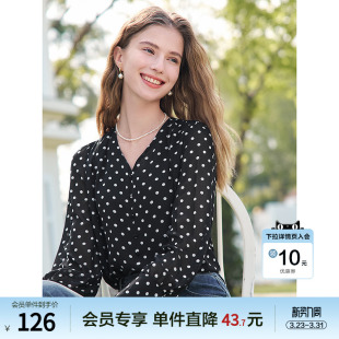 新款 女2026年春季 高级感黑色系带衬衣 V领波点衬衫 betu百图法式