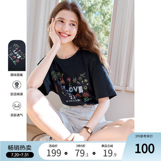 betu百图趣味印花T恤女短袖2025年夏季新款深蓝色体恤上衣小衫