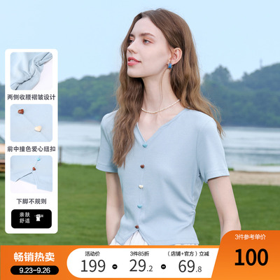 betu百图彩色纽扣V领T恤女2025年夏季新款小个子短款体恤衫上衣