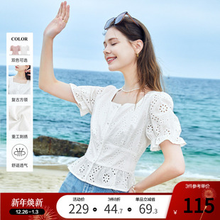 短袖 betu百图女装 镂空蕾丝白色衬衫 新款 方领衬衣上衣 2024年夏季