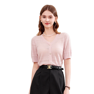 betu百图女装2024夏季新款法式V领镂空套头宽松短袖针织衫上衣