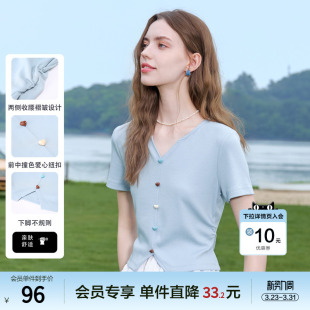 体恤衫 小个子短款 上衣 新款 betu百图彩色纽扣V领T恤女2025年夏季