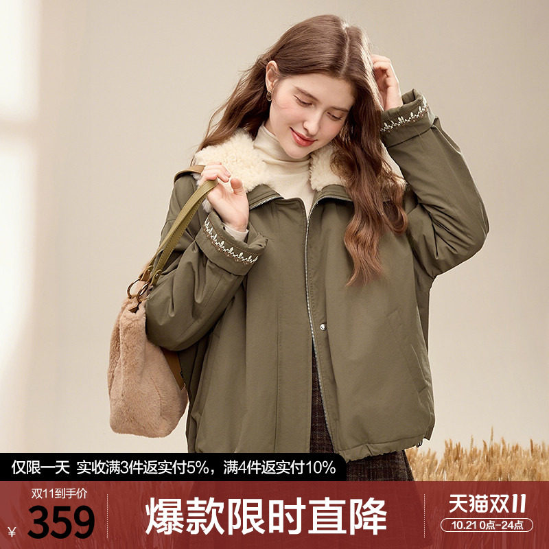 betu百图拼接毛领加厚棉衣外套女2025年冬季新款百搭保暖棉袄棉服