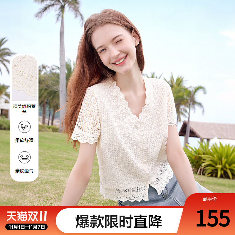 betu百图独特别致蕾丝V领衬衫女士2025年夏季新款短袖气质衬衣