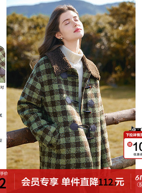 betu百图复古绿色牛角扣格子棉服女2025年冬季新款加厚保暖棉衣