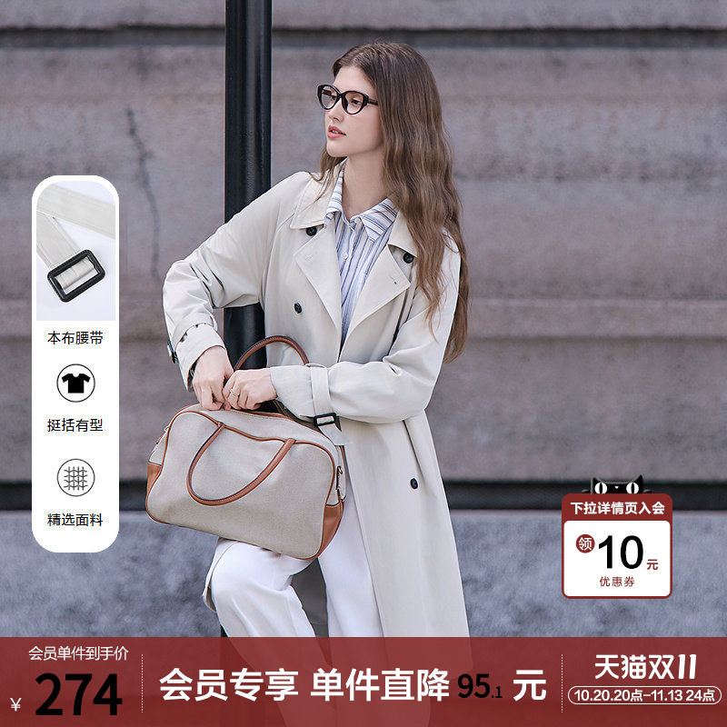 betu百图英伦通勤风风衣外套女中长款2026年春秋新款双排扣大衣