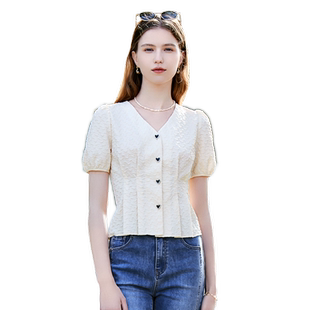 betu百图女装2024年夏季新款爱心扣V领衬衫短袖衬衣设计感上衣