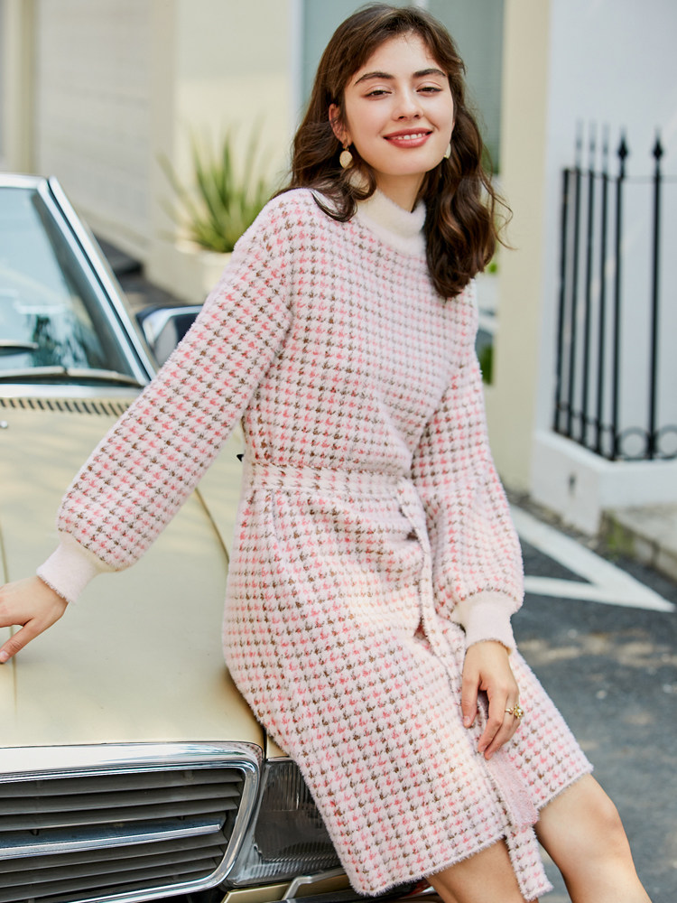 Betu Baitu thousand birds gestapa belt waist lazy wind medium long version of knitted dress women's autumn and winter new model