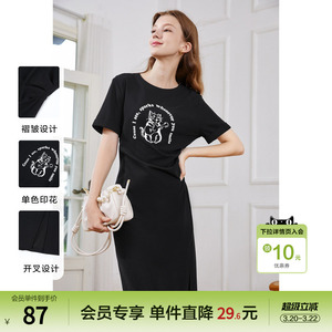 betu百图女装2024年夏季新款高腰显瘦开叉圆领短袖黑色连衣裙子