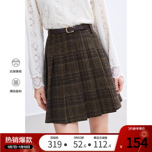 betu百图高腰毛呢半身裙女格子短裙2025年冬季新款百褶裙A字裙