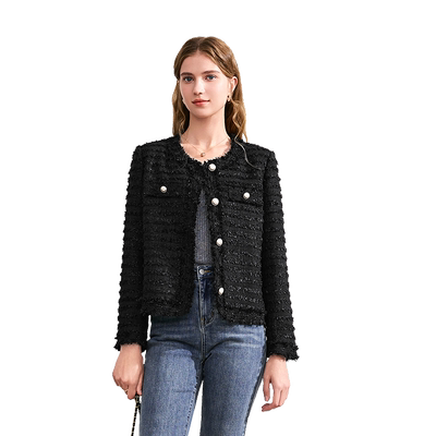 betu百图法式小香风圆领外套女2025年秋季新款黑色短款外穿夹克