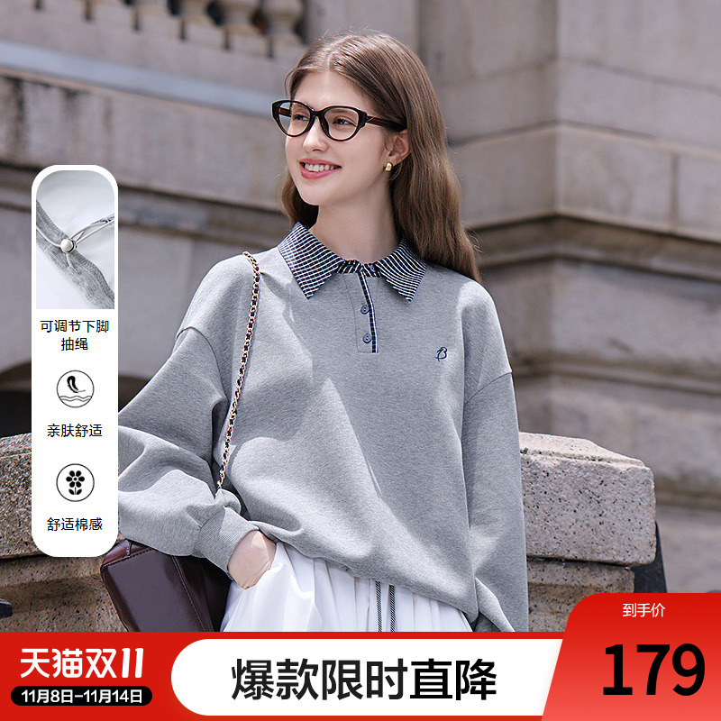 betu百图灰色polo领套头卫衣女长袖2025年秋季新款宽松显瘦上衣