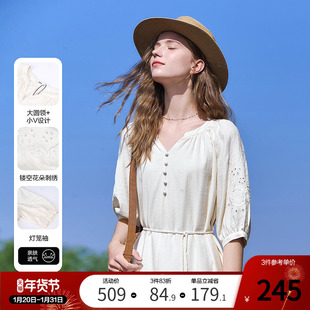 betu百图马德拉刺绣灯笼袖V领连衣裙2025年夏季新款系带收腰裙