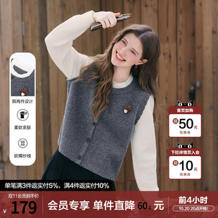 betu百图高级感拼色假两件毛衣女套头2025年冬季新款圆领针织衫