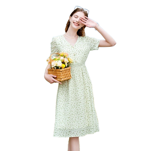 betu百图女装2024年夏季新款高腰短袖印花V领气质通勤连衣裙子