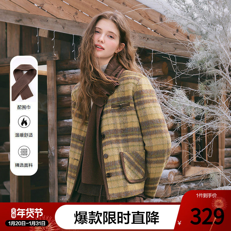 betu百图学院风围巾领格子外套女2025年冬季新款短款小西装夹克,女装/女士精品,短外套,淘宝优惠券,粉丝福利购,淘宝优惠卷