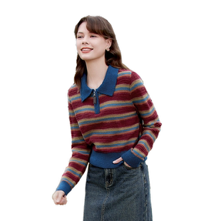 betu百图女2026年春装新款翻领彩色条纹套头宽松毛衣针织上衣