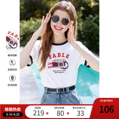 betu百图复古美式印花T恤女短袖2025年夏季新款白色上衣体恤衫