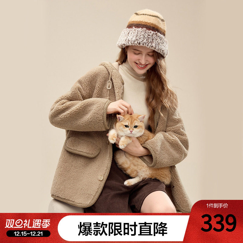 betu百图仿羊羔绒加厚连帽外套女2025年冬季新款拉链抓绒夹克