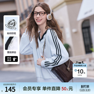 betu百图撞色蕾丝花边V领卫衣女套头2026年春季 运动风上衣 新款