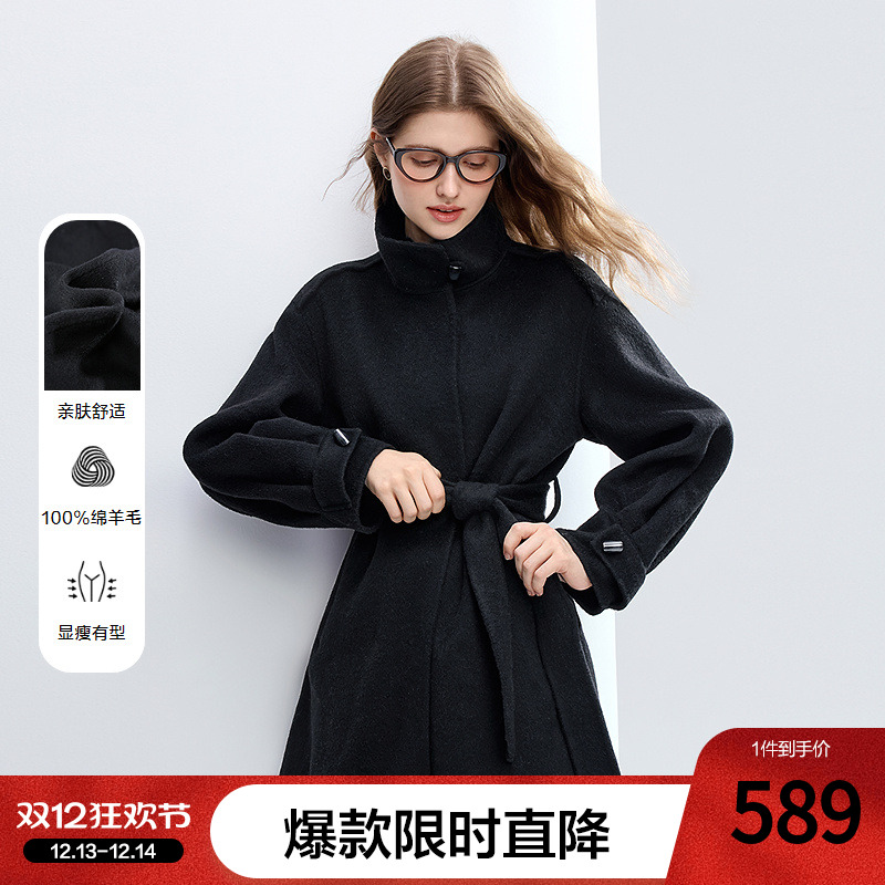 betu百图黑色立领纯羊毛呢子大衣女2025年冬季新款双面呢外套