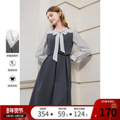 假两件拼接减龄法式 betu百图女2026年春装 新款 蝴蝶结飘带连衣裙