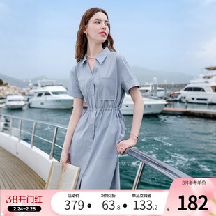 betu百图厅里厅气灰蓝色收腰连衣裙女2025年夏季新款通勤连身裙