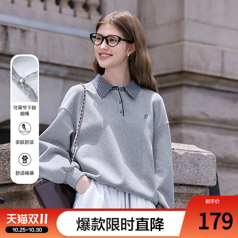 betu百图灰色polo领套头卫衣女长袖2025年秋季新款宽松显瘦上衣