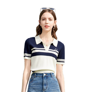betu百图女装2025年夏季新款美式复古撞色Polo领短袖针织衫上衣