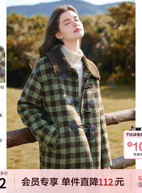betu百图复古绿色牛角扣格子棉服女2025年冬季新款加厚保暖棉衣